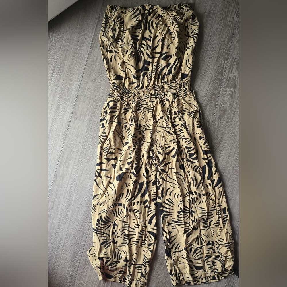 Santiki Strapless Wide Leg Jumpsuit Large Tropical Palm Print Boho Resort